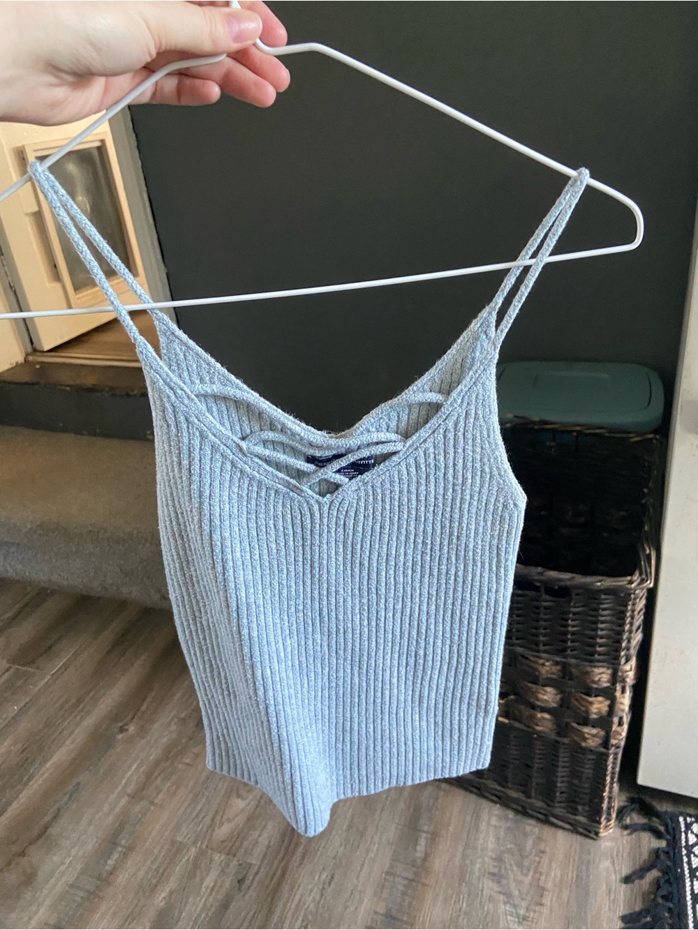 aerie Light Blue Ribbed Knit Cami with Crisscross Detail